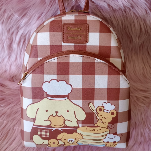 Sanrio Pompompurin Gingham Mini Backpack - Brown & White with Pancake Graphic - Picture 3 of 8